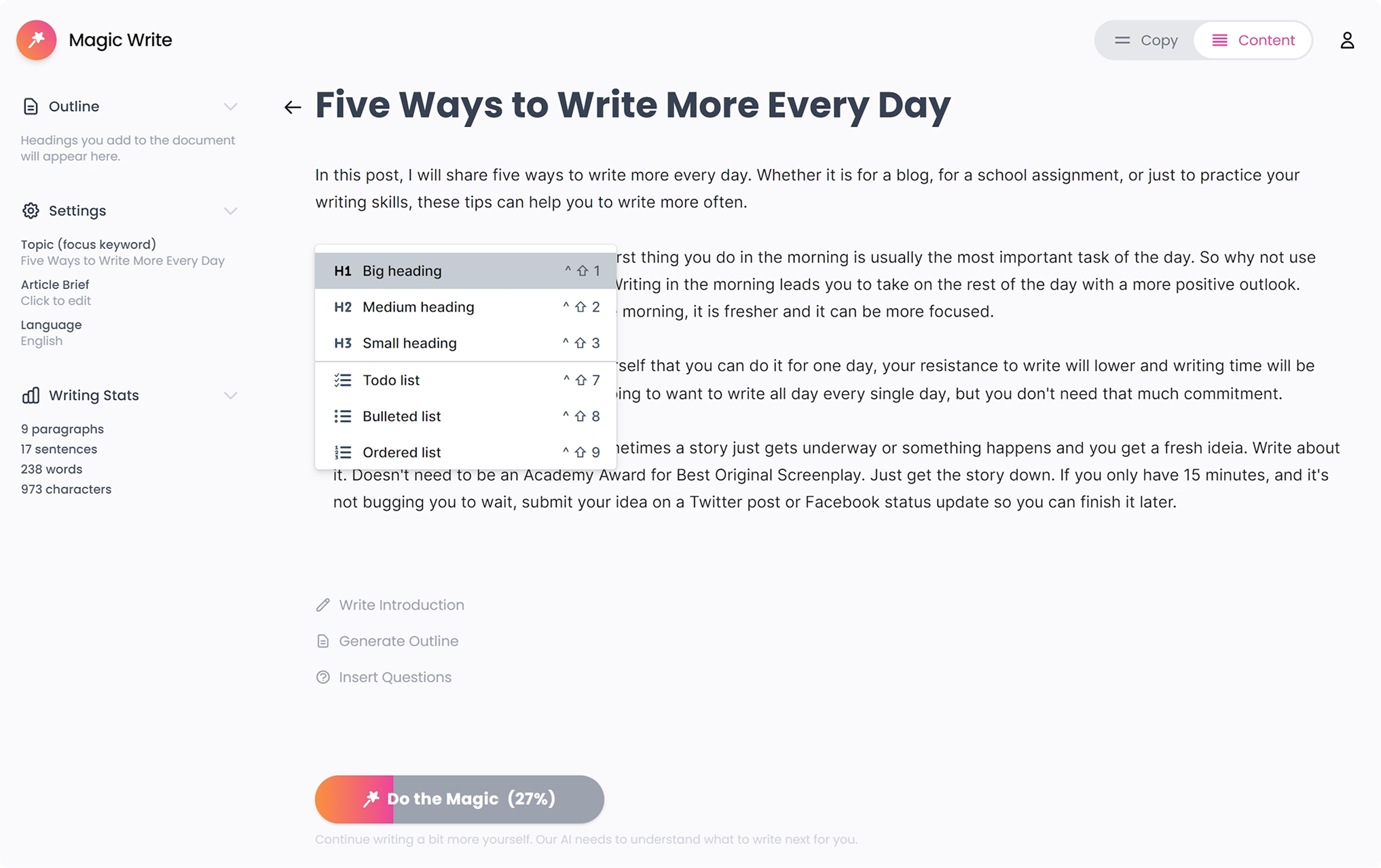 The editor, with an outline, content settings, and contextual formatting.