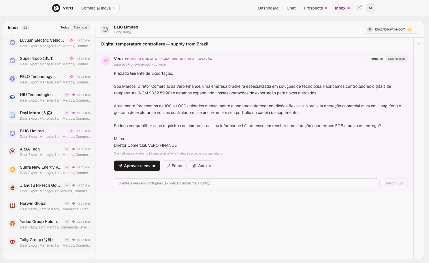 First-contact email review, with a translated preview and explicit approval.